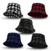 A collection of Fiordland bucket hats in black and white, red, green, blue, and solid black plaid patterns. A collection of Fiordland bucket hats in black and white, red, green, blue, and solid black plaid patterns.