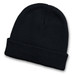 A black knit beanie with a folded cuff and a logo. A black knit beanie with a folded cuff and a logo.
