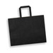 A large flat paper bag in black with a landscape orientation and a flat handle, featuring a logo. A large flat paper bag in black with a landscape orientation and a flat handle, featuring a logo.