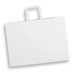 A flat, extra large white paper bag with a landscape orientation and a top handle. It has a logo on the front. A flat, extra large white paper bag with a landscape orientation and a top handle. It has a logo on the front.