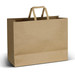 A large brown flat handle paper bag with two handles and a rectangular base. It features a simple design and branding. A large brown flat handle paper bag with two handles and a rectangular base. It features a simple design and branding.