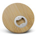 A round bamboo bottle opener coaster featuring a silver bottle opener in the centre. A round bamboo bottle opener coaster featuring a silver bottle opener in the centre.