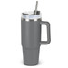 A drink bottle in grey with a transparent lid, stainless steel straw, and a handle. It features a logo.