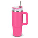 A drink bottle in vibrant pink with a stainless steel lid and a handle, featuring a straw.