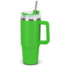 A drink bottle with a vibrant green exterior, a stainless steel lid, and a straw, featuring a sturdy handle.