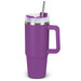 A drink bottle in purple with a handle, stainless steel trim, and a straw. It features a logo on the side.