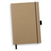 A brown hard cover notebook with an elastic band closure and a ribbon bookmark. It has a logo on the front. A brown hard cover notebook with an elastic band closure and a ribbon bookmark. It has a logo on the front.