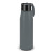 A drink bottle in a matte grey colour with a black lid and a handle. It features a logo. A drink bottle in a matte grey colour with a black lid and a handle. It features a logo.