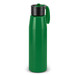 A drink bottle in bright green with a black lid and handle, featuring a logo on the side. A drink bottle in bright green with a black lid and handle, featuring a logo on the side.