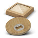 A round bamboo bottle opener coaster set of two, featuring a silver opener, packaged in a brown box. A round bamboo bottle opener coaster set of two, featuring a silver opener, packaged in a brown box.