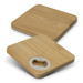 A drink bottle opener coaster set of 2, featuring square bamboo coasters with a metal bottle opener. A drink bottle opener coaster set of 2, featuring square bamboo coasters with a metal bottle opener.