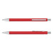 A metal pen in vibrant red with silver accents and a branding logo. Two pens displayed, one on top of the other.