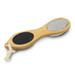 A wooden pedicure tool featuring a textured surface and a smooth side, with a hanging loop for easy storage.