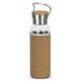 A drink bottle with a cork sleeve, clear glass body, and metal lid featuring a handle. A drink bottle with a cork sleeve, clear glass body, and metal lid featuring a handle.