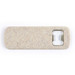 A drink bottle opener in a speckled beige color with a metal opener section and a logo. A drink bottle opener in a speckled beige color with a metal opener section and a logo.
