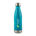 A drink bottle in bright turquoise with a stainless steel base and a logo on its surface.