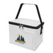 A white cooler bag with a zippered top and a black handle, featuring a logo. A white cooler bag with a zippered top and a black handle, featuring a logo.