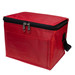 A red cooler bag featuring a zippered closure and a side handle. It has a smooth exterior with an empty front pocket. A red cooler bag featuring a zippered closure and a side handle. It has a smooth exterior with an empty front pocket.