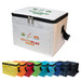 A white cooler bag with a logo, featuring a zippered closure and a black handle. Seven colorful bags in various shades are below. A white cooler bag with a logo, featuring a zippered closure and a black handle. Seven colorful bags in various shades are below.