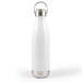 A drink bottle in white with a stainless steel bottom and a metal hanger lid. Includes a logo on the surface. A drink bottle in white with a stainless steel bottom and a metal hanger lid. Includes a logo on the surface.