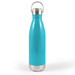 A drink bottle in a vibrant turquoise color with a stainless steel bottom and a metal hanger lid. A drink bottle in a vibrant turquoise color with a stainless steel bottom and a metal hanger lid.