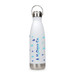 A drink bottle with a white body, stainless steel base, and a silver hanger lid, featuring a logo and blue water droplet designs.