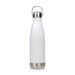 A drink bottle in white with a stainless steel base and a hanger lid, featuring a logo.