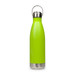A drink bottle in vibrant green with a stainless steel base and a hanger lid. Features a logo on the body.