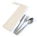 A cutlery set including a knife, fork, and spoon, packaged in a cream-colored calico pouch. A cutlery set including a knife, fork, and spoon, packaged in a cream-colored calico pouch.