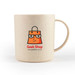 A reusable coffee cup in beige with a handle and a logo featuring a shopping bag with glasses. A reusable coffee cup in beige with a handle and a logo featuring a shopping bag with glasses.