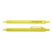 A pair of bright yellow plastic pens featuring a clip and a branding logo. A pair of bright yellow plastic pens featuring a clip and a branding logo.