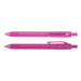 Two pink plastic pens made from recycled PET bottles, featuring a clip and transparent design. Two pink plastic pens made from recycled PET bottles, featuring a clip and transparent design.