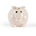 A cute, small pig-shaped eco-friendly coin bank with a smiling face and a rounded body, designed for saving money.