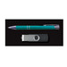 A teal pen and a silver and black flash drive arranged on a dark background. A teal pen and a silver and black flash drive arranged on a dark background.