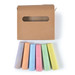 A box containing six pieces of multi-colored chalk: pink, orange, blue, green, and yellow. The box has a window cutout. A box containing six pieces of multi-colored chalk: pink, orange, blue, green, and yellow. The box has a window cutout.