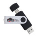 A dual 8GB swivel USB flash drive in black with a white section featuring a logo. A dual 8GB swivel USB flash drive in black with a white section featuring a logo.