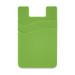 A green silicone phone wallet with two compartments and a logo. Suitable for attaching to mobile phones.
