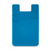 A blue silicone phone wallet with two card slots and a wavy design. It features a logo on the surface.