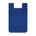 A blue dual silicone phone wallet with a gracefully curved design and a logo. Suitable for securing cards.