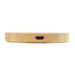 A round bamboo wireless charger with a smooth surface and a charging port on the side. A round bamboo wireless charger with a smooth surface and a charging port on the side.