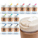 A collection of reusable coffee cups with cork bands and colorful lids, featuring a logo on each cup. A collection of reusable coffee cups with cork bands and colorful lids, featuring a logo on each cup.