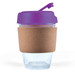 A reusable coffee cup featuring a transparent design with a cork band and a purple lid. A reusable coffee cup featuring a transparent design with a cork band and a purple lid.