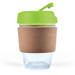 A reusable coffee cup featuring a clear design, a bright green lid, and a cork band for insulation. A reusable coffee cup featuring a clear design, a bright green lid, and a cork band for insulation.