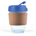 A reusable coffee cup featuring a transparent body, a blue lid, and a cork band for insulation. A reusable coffee cup featuring a transparent body, a blue lid, and a cork band for insulation.