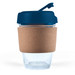 A reusable coffee cup featuring a clear body, a navy blue lid, and a cork band for insulation. A reusable coffee cup featuring a clear body, a navy blue lid, and a cork band for insulation.