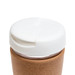 A reusable coffee cup featuring a white lid and a natural cork band. A reusable coffee cup featuring a white lid and a natural cork band.