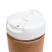 A reusable coffee cup featuring a cork band and a white lid with a sipping opening. A reusable coffee cup featuring a cork band and a white lid with a sipping opening.