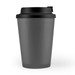 A reusable coffee cup featuring a sleek, matte gray design with a black comfort lid. A reusable coffee cup featuring a sleek, matte gray design with a black comfort lid.