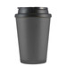 A coffee mug in matte gray with a black handle lid and an integrated logo. A coffee mug in matte gray with a black handle lid and an integrated logo.