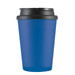 A coffee mug with a vibrant blue body and a black lid, designed for travel and convenience. A coffee mug with a vibrant blue body and a black lid, designed for travel and convenience.
